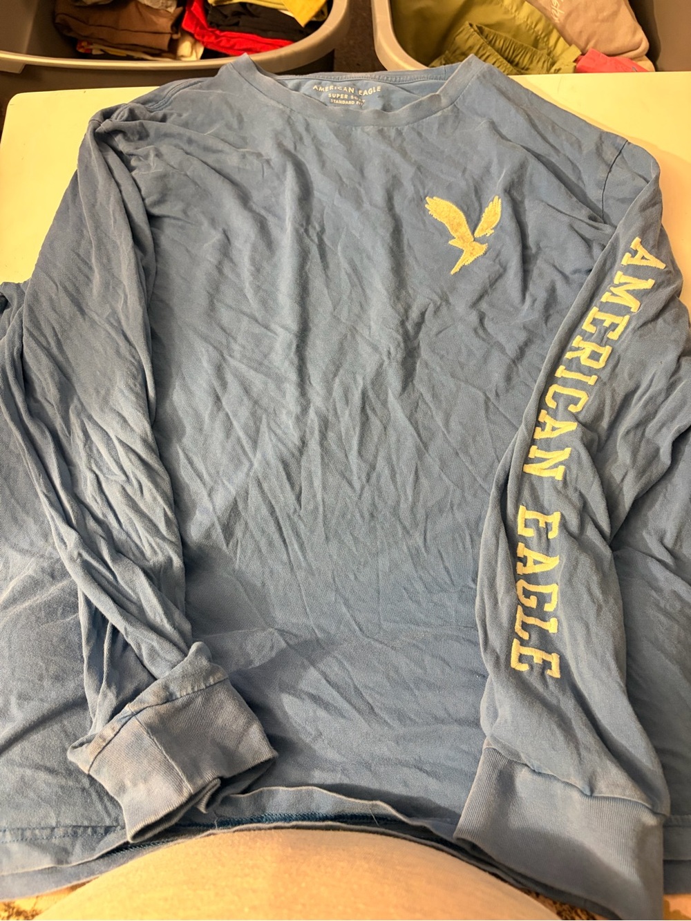 American Eagle Outfitters Long Sleeve Tee - Light Blue with Yellow Logo